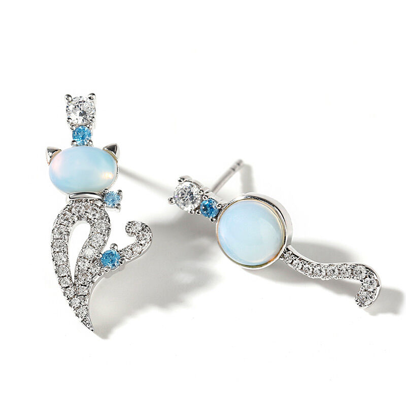 Jeulia "Moonlight Magic" Cat Sterling Silver Asymmetric Moonstone Earrings