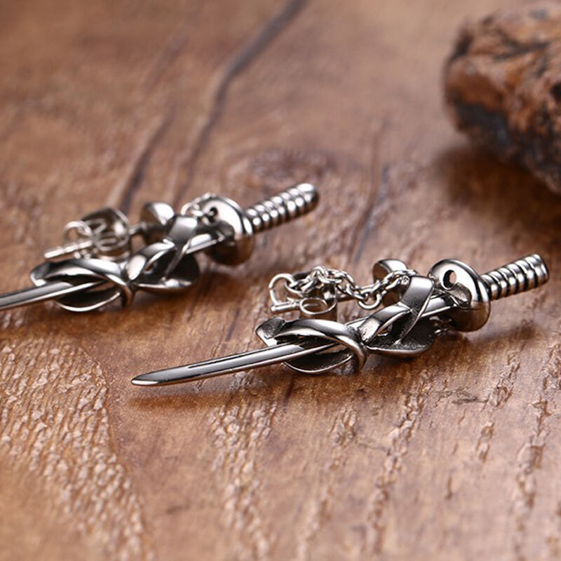 Jeulia Punk Style Sword Men's Titanium Steel Chain Earrings