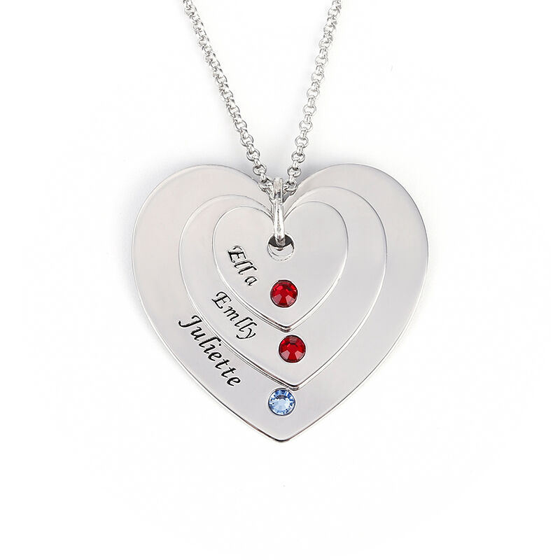 Jeulia Engraved Three Heart Necklace With Birthstones Sterling Silver