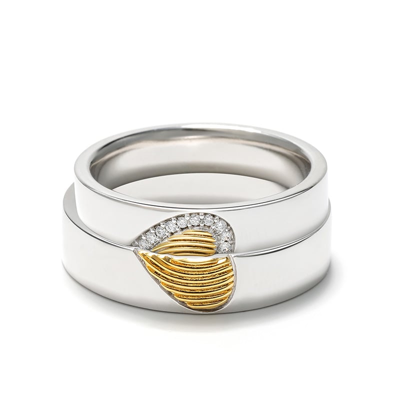 Jeulia Matching Heart Fingerprint Inlay Sterling Silver Couple Rings