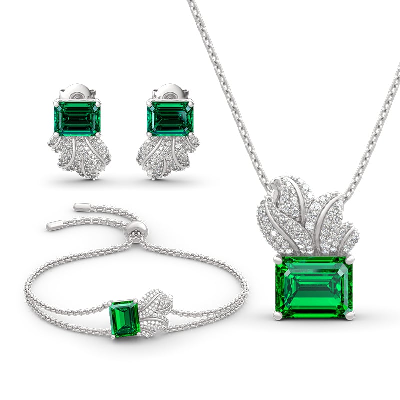 Jeulia Leaf Design Emerald Cut Sterling Silver Jewelry Set