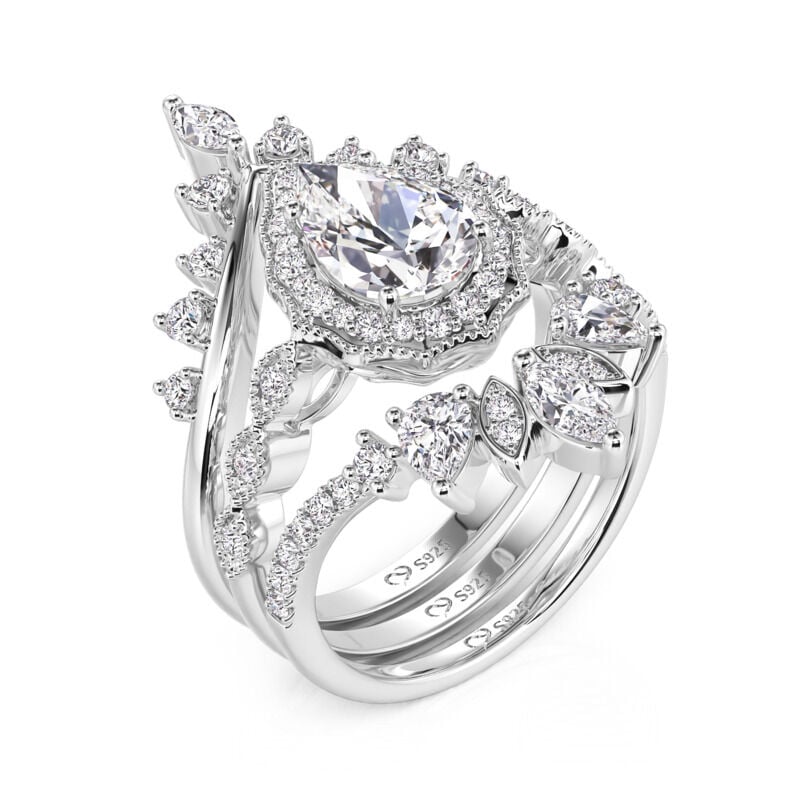 Jeulia Vintage Halo Pear Bridal Set with Enhancer Sterling Silver