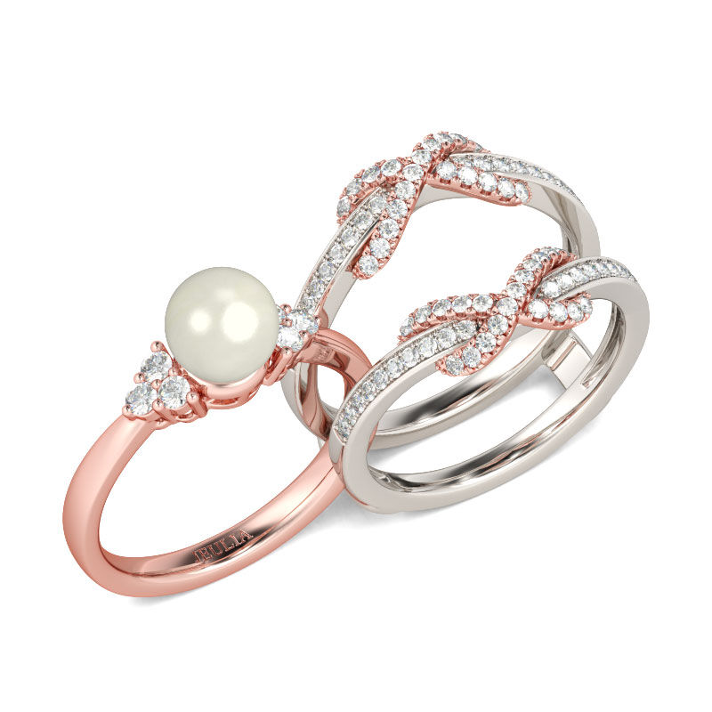 Jeulia Two Tone Faux Pearl Sterling Silver Enhancer Ring Set