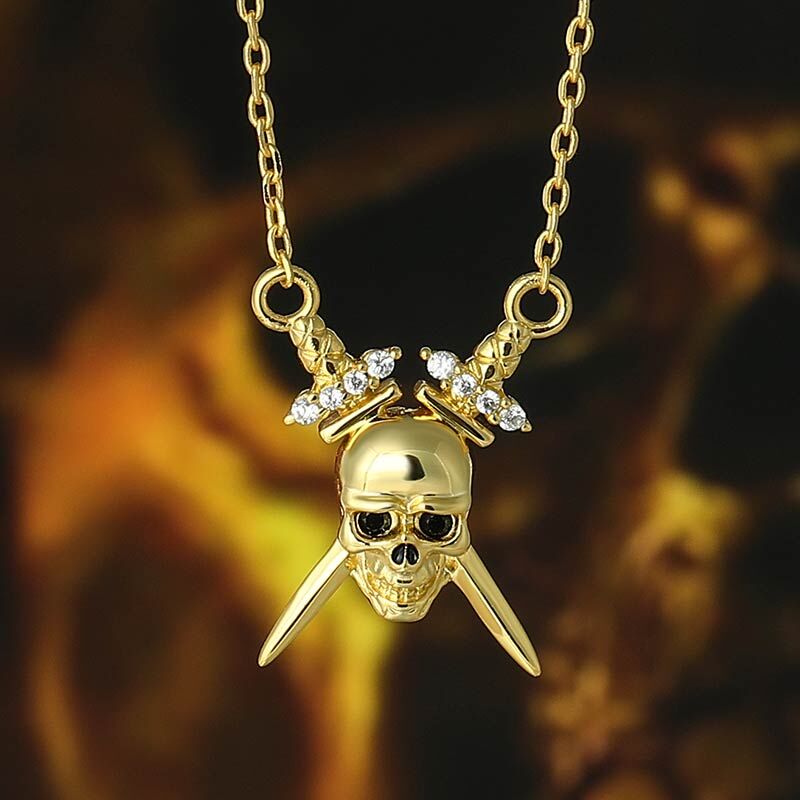 Jeulia "Doppelschwert" Totenkopf Sterling Silber Halskette