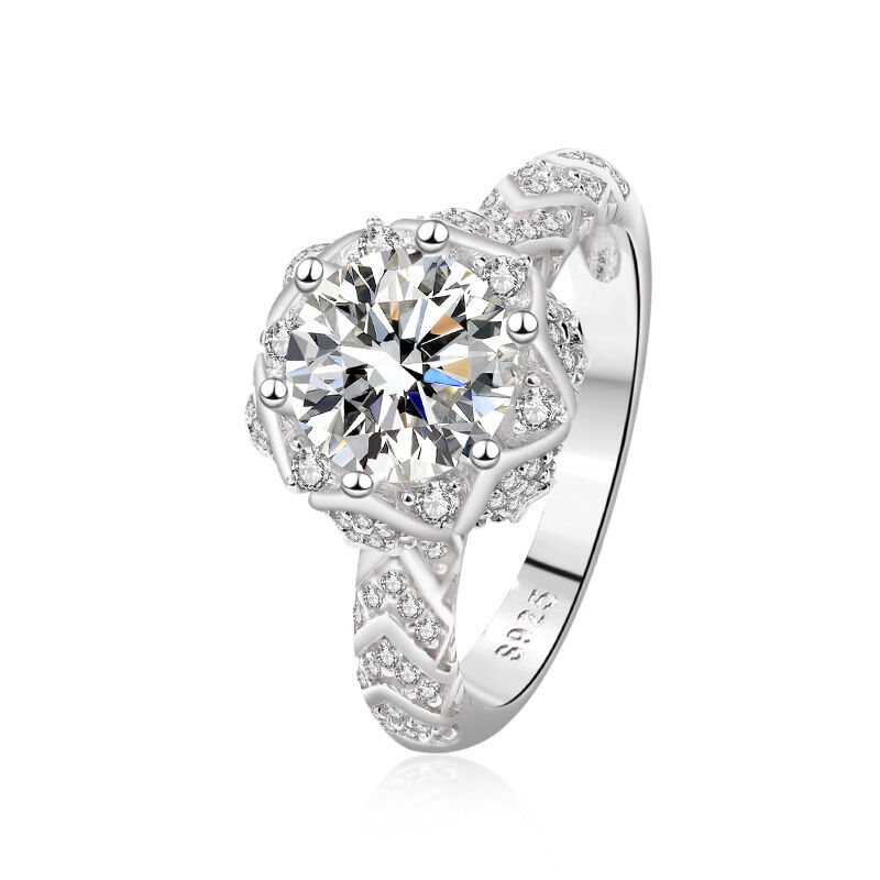 Jeulia Round Flower Engagement Ring Pave Sterling Silver