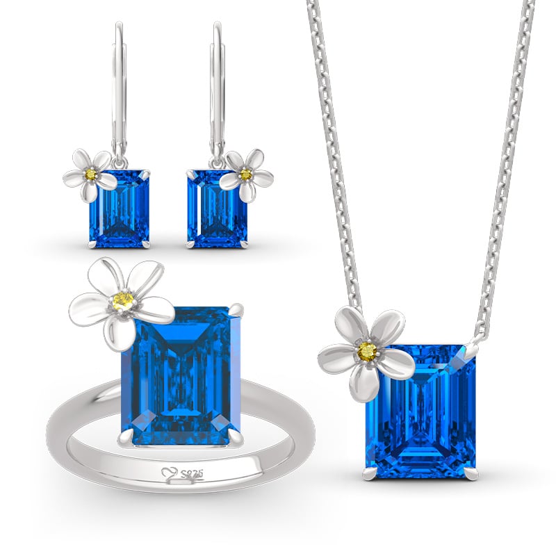 Jeulia "Fragrant Flower" Emerald Cut Sterling Silver Jewelry Set