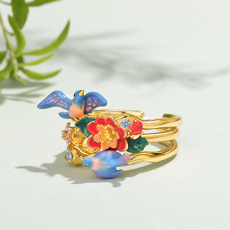 Jeulia "Natural Beauty" Bird&Flower Enamel Sterling Silver Stacking Ring