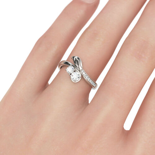 Jeulia Leaf Design Bypass Duo Round Cut Sterling Silver Ring