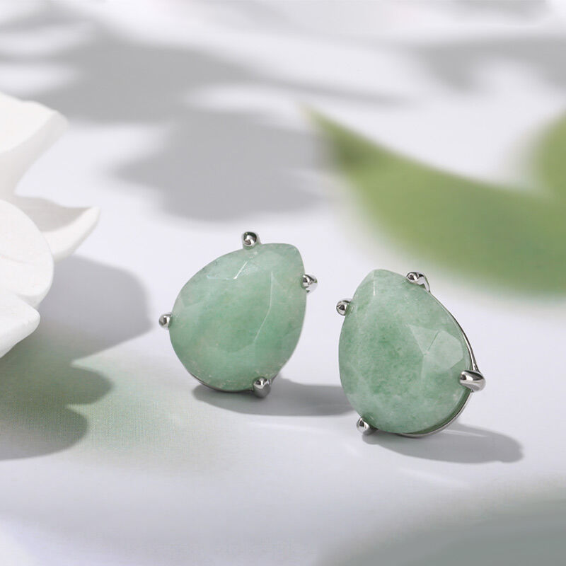 Jeulia "Soothing Energy" Pear Shaped Natural Green Aventurine Stud Earrings