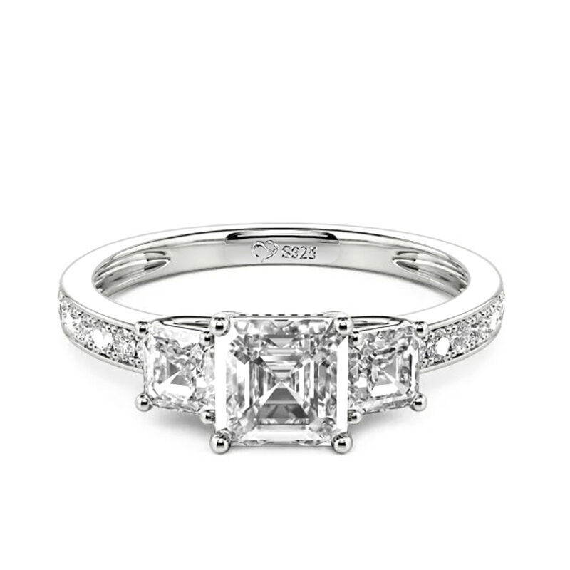 Jeulia Anillo de Compromiso de Plata de Ley con Tres Piedras de Corte Asscher