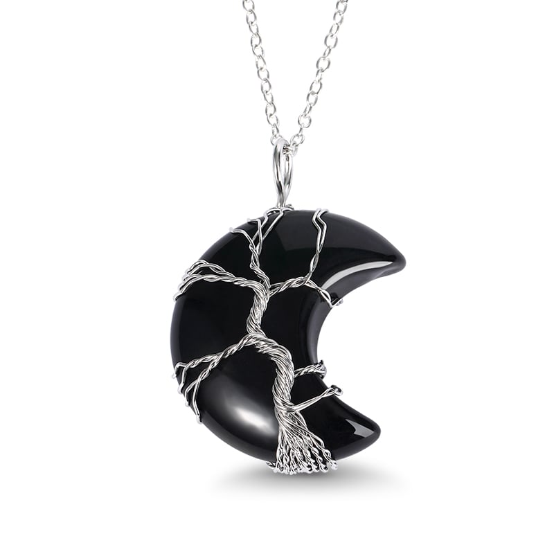 Jeulia "Spiritual Awakening" Winding Design Crescent Moon Natural Black Agate Necklace