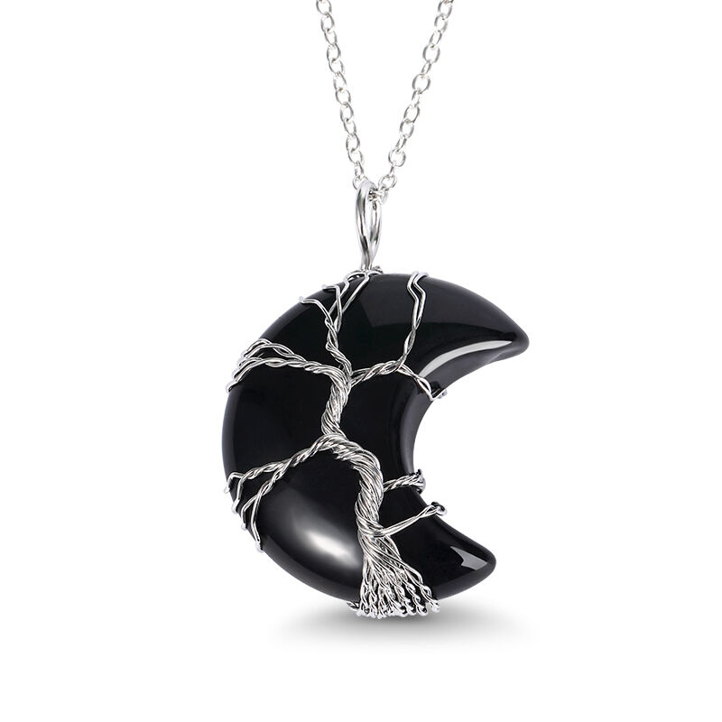 Jeulia Collar de ágata negra natural con colgante de media luna con árbol de la vida sinuoso