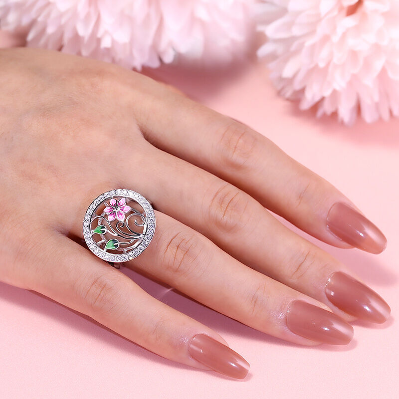 Jeulia Anello Particolare da Donna Smaltato con Fiore Foglie in Argento Sterling