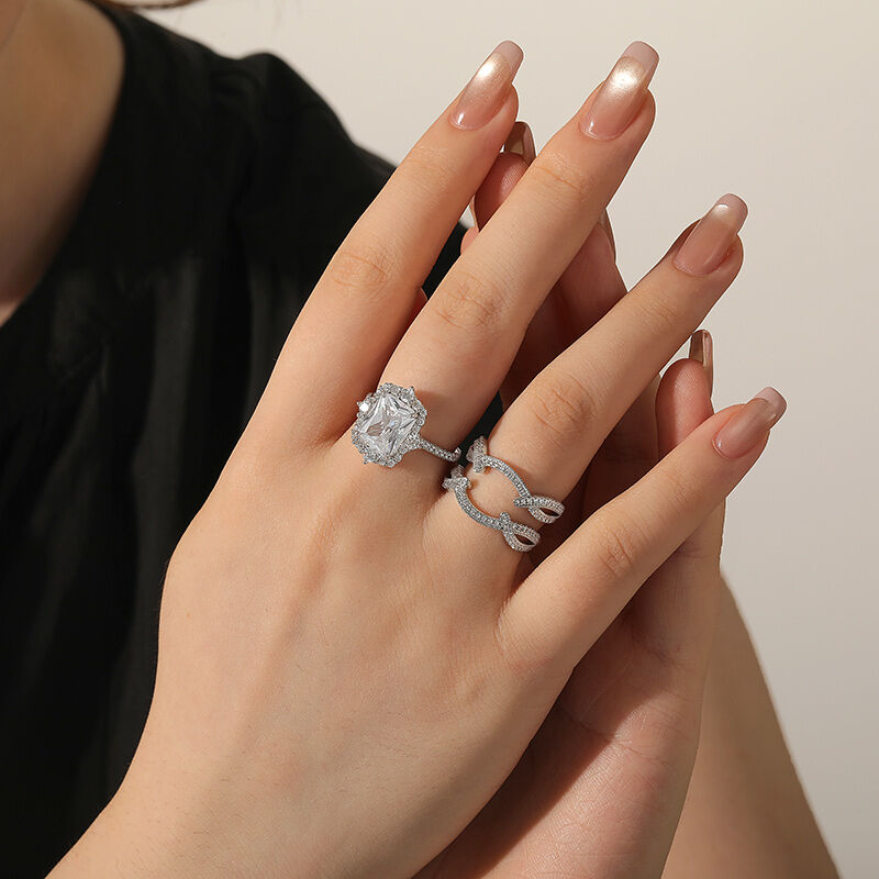 Jeulia Interchangeable Halo Engagement Ring Set Twisted Radiant Cut Sterling Silver