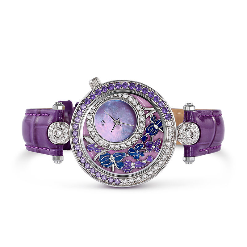 Jeulia "Blooming Irises" Quartz Purple Leather Women's Watch