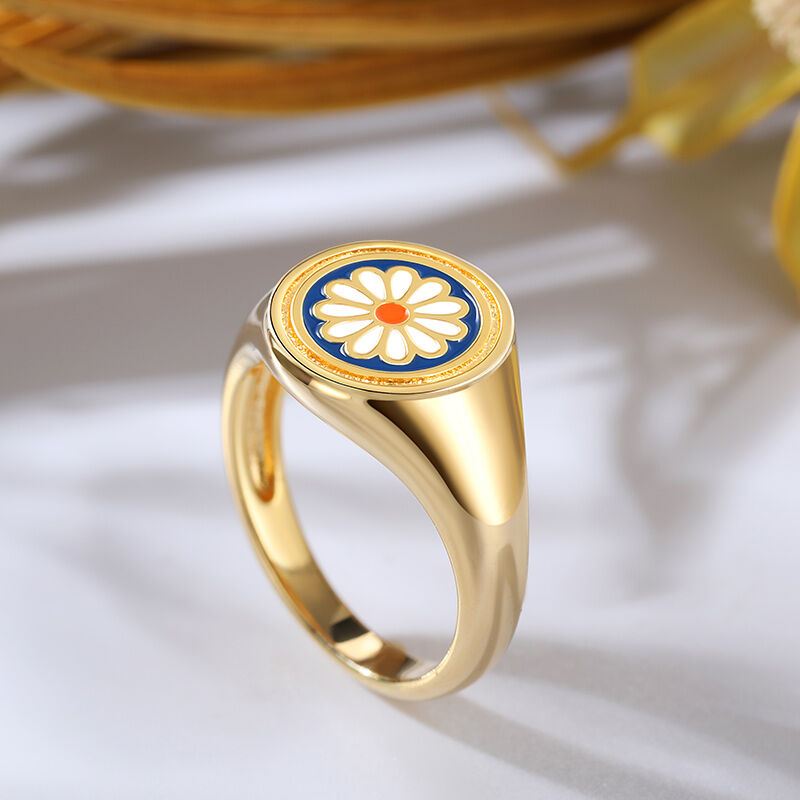 Jeulia Enamel Daisy Signet Sterling Silver Ring