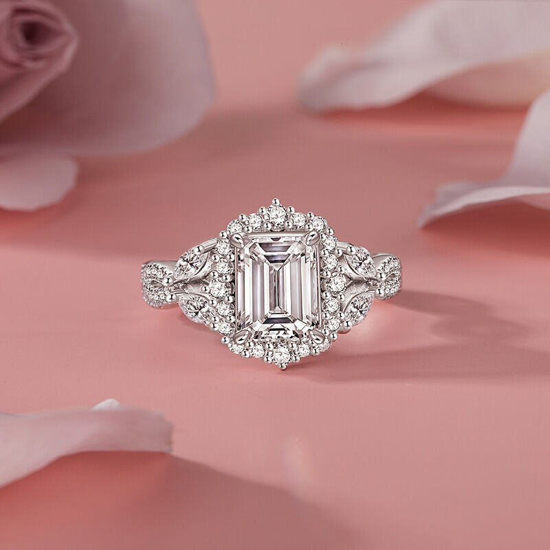 Jeulia Prosty Skręcany Pierścień Ślubny Halo Emerald Cut