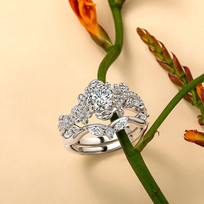 Jeulia Vine Flower Leaf Round Cut Bridal Ring Set 2PCS
