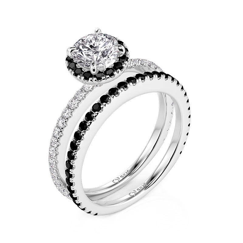 Jeulia Halo Round Engagement Ring Set With Black Accents