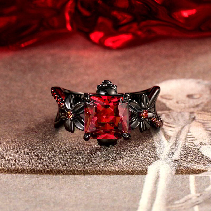 Jeulia Floral Radiant Ruby Gothic Black Skull Ring Hollow Shank