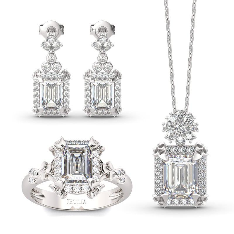 Jeulia Vintage Flower Halo Emerald Cut Sterling Silver Jewelry Set