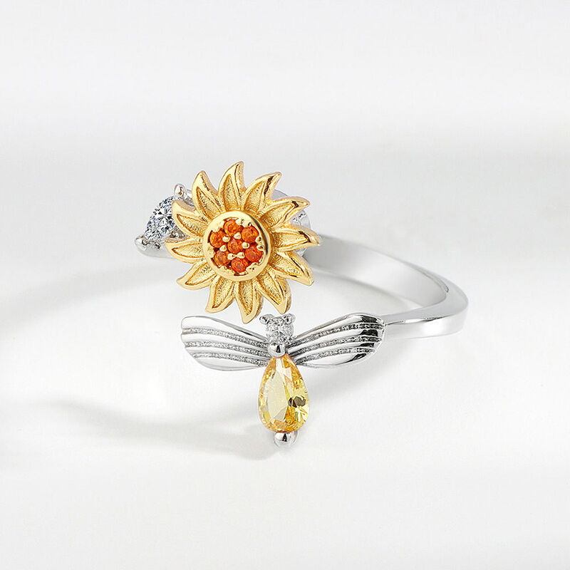 Jeulia Sunflower&Bee Rotating Soothe Sterling Silver Adjustable Open Ring
