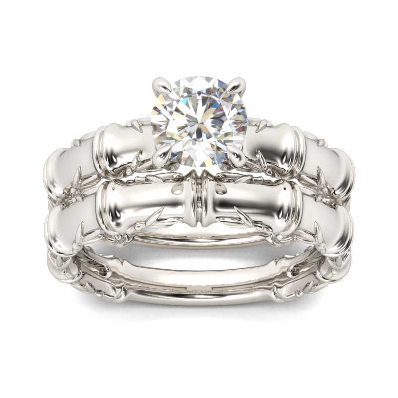 Jeulia Conjunto De Anillos Con Dise?o Bambú De Talla Redonda En Plata De Ley