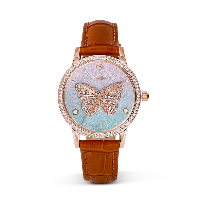 Jeulia "Dreamy Rainbow" Butterfly Design Quartz Brown Leather Watch with Ombre Dial