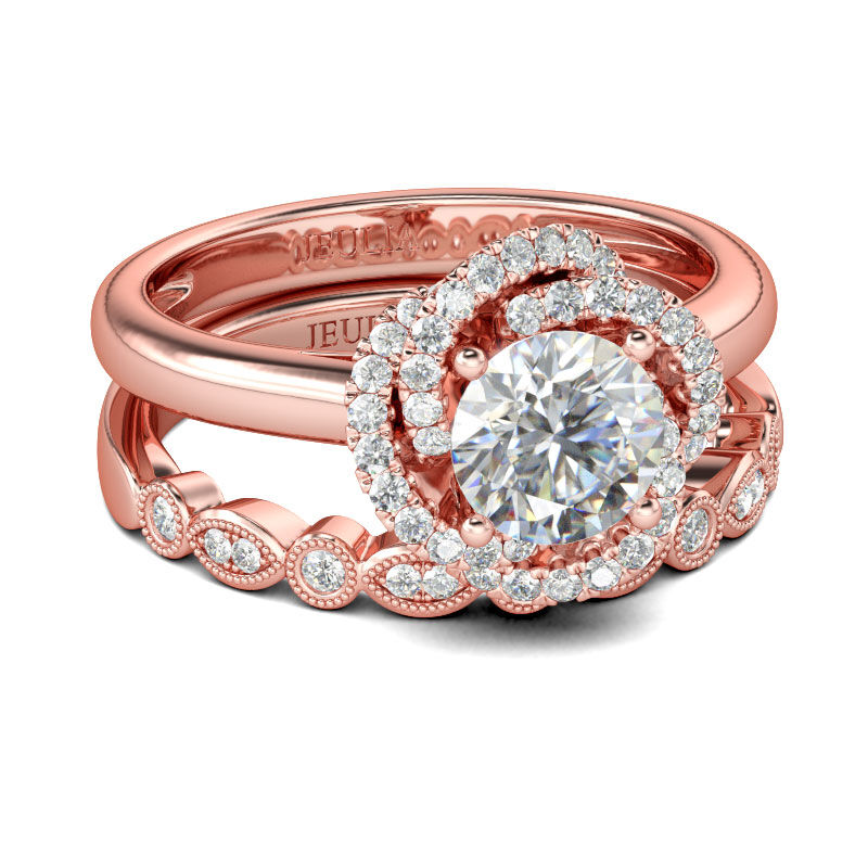 Jeulia Rose Gold Round Cut Sterling Silver Ring Set