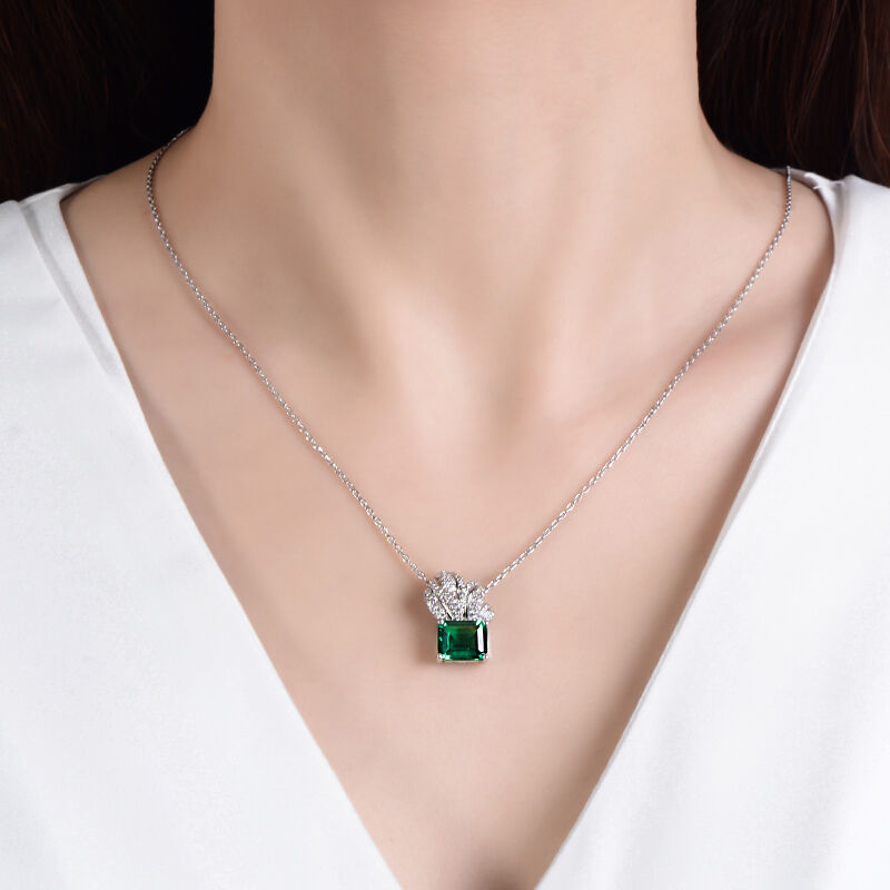 Jeulia Leaf Design Emerald Cut Sterling Silver Necklace
