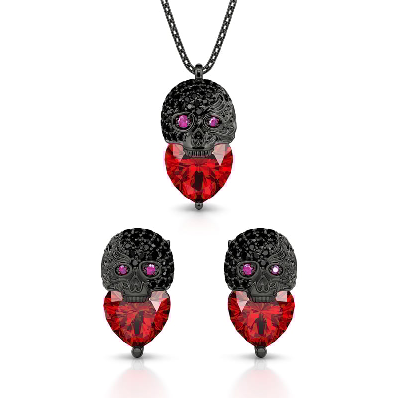 Jeulia "The Guardian" Waves Skull Heart Cut Sterling Silver Jewelry Set