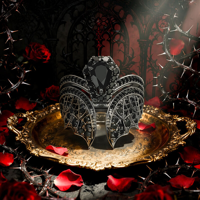 Jeulia Ensemble Unique de Bague de Fiançailles Cercueil de Chauve-souris Noire
