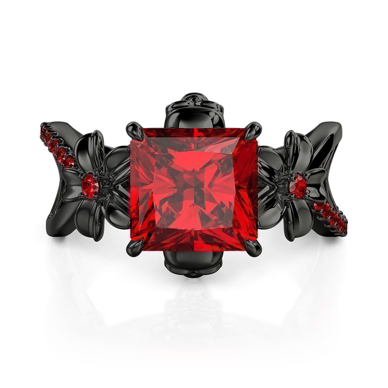 Jeulia Floral Radiant Ruby Gothic Black Skull Ring Hollow Shank