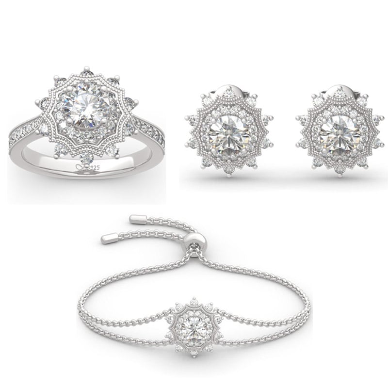 Jeulia "Winter Love" Snowflake Round Cut Sterling Silver Jewelry Set