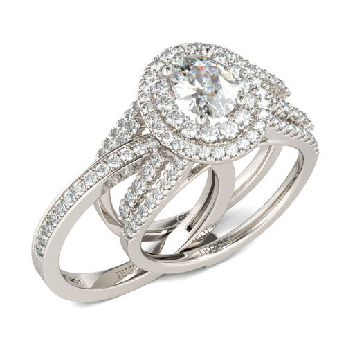 Jeulia Double Halo Oval Cut Sterling Silver Ring Set