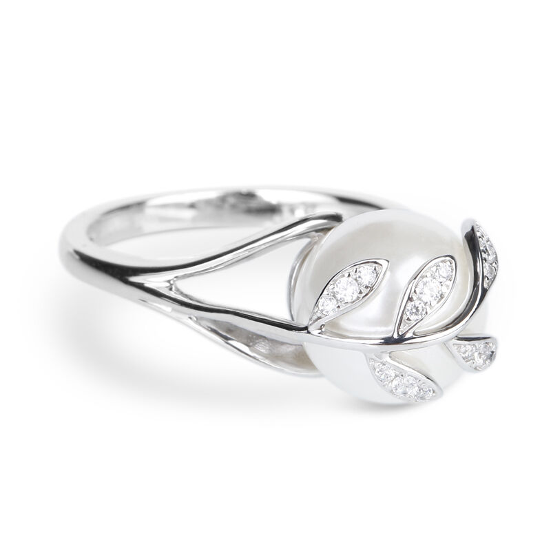Jeulia Leaf Design Faux Pearl Sterling Silver Ring