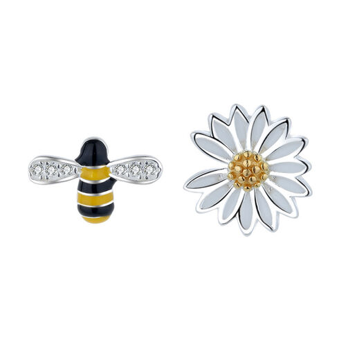 Jeulia Daisy & Bee Sterling Silver Asymmetrical Earrings