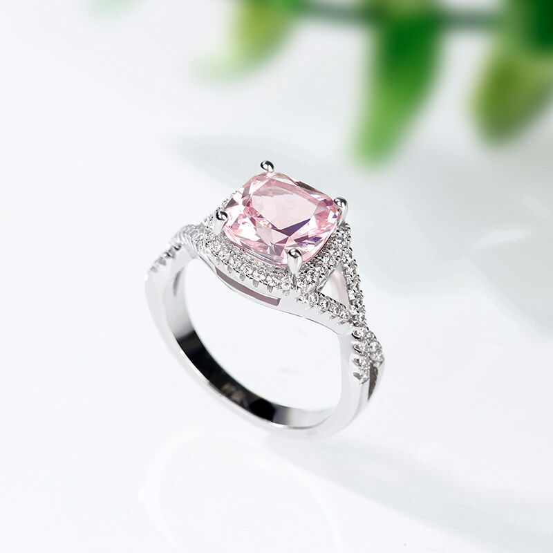 Jeulia Twist Halo Cushion Cut Synthetic Morganite Sterling Silver Ring