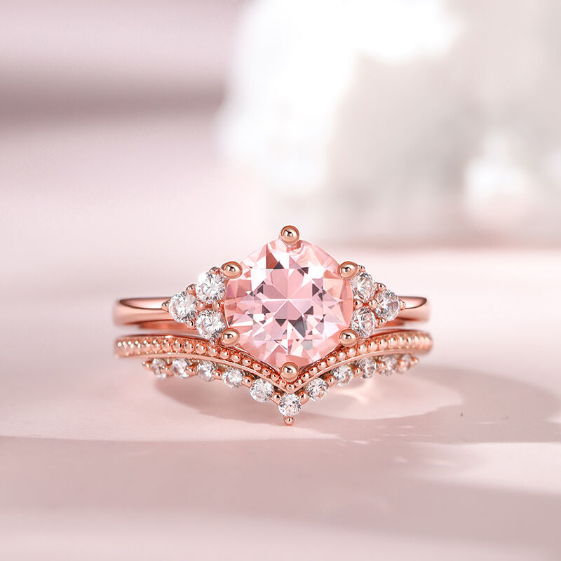 Jeulia Vintage ronde Cut synthetische Morganite zilveren ring set