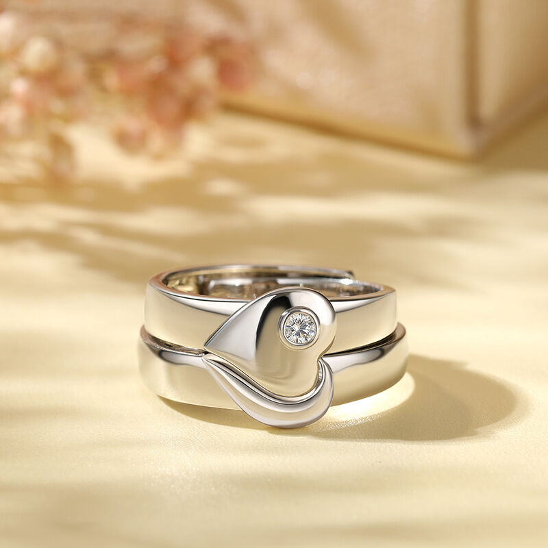 Jeulia "True Love" Heart Adjustable Sterling Silver Couple Rings