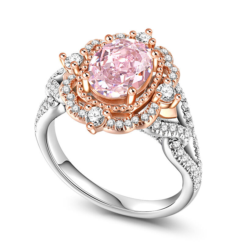 Jeulia "Princess Aura" Two Tone Halo Oval Cut Synthetic Morganite Sterling Silver Ring