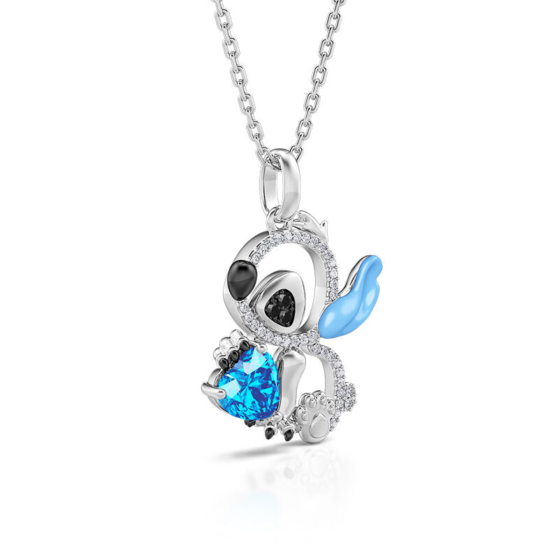 Jeulia "Little Monster" Heart Cut Blue Ear Personalized Sterling Silver Necklace