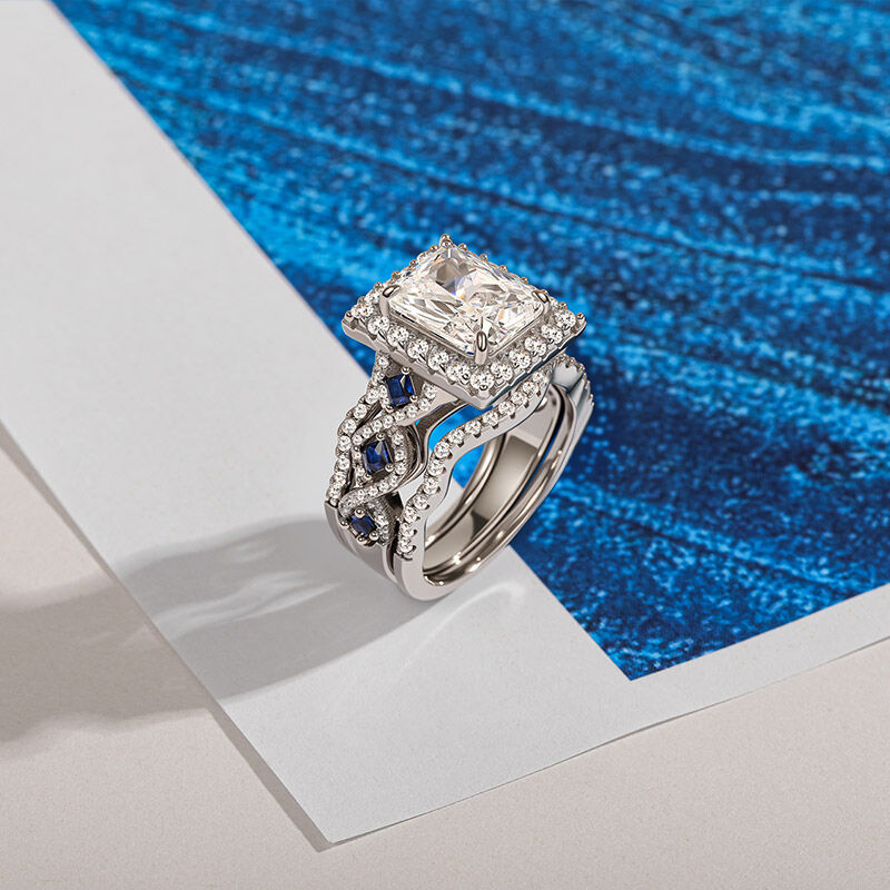 Jeulia Set Anello Nuziale Taglio Radiante con Alone in Argento Sterling 3 Pezzi