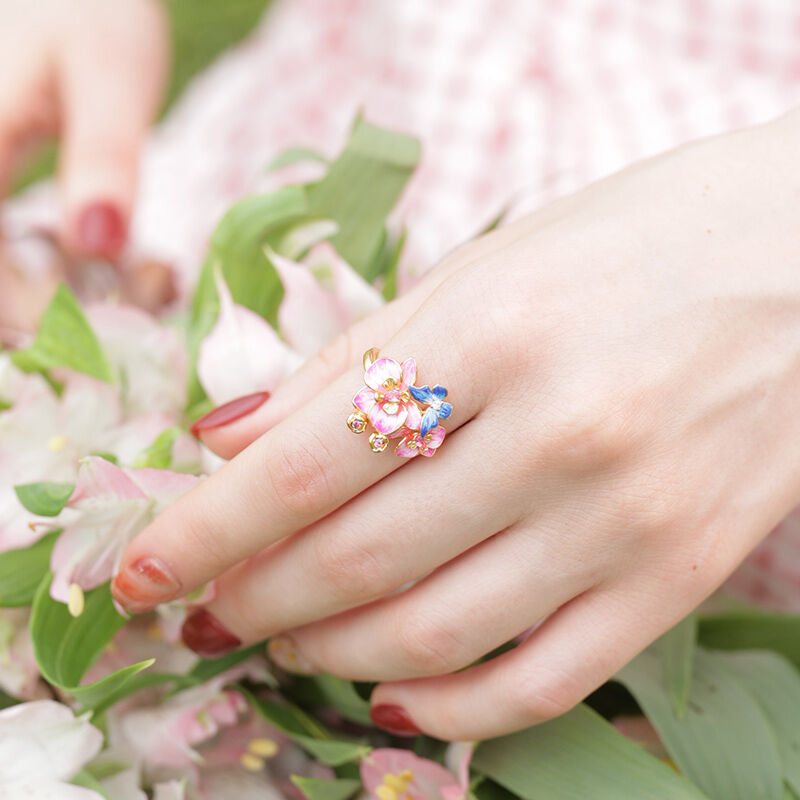 Jeulia Anillo de plata de ley con esmalte con flor y mariposa para fiesta