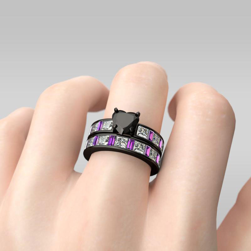 Conjunto De Anillos De Talla Cordiforme Con Tono Negro De Jeulia En Plata De Ley
