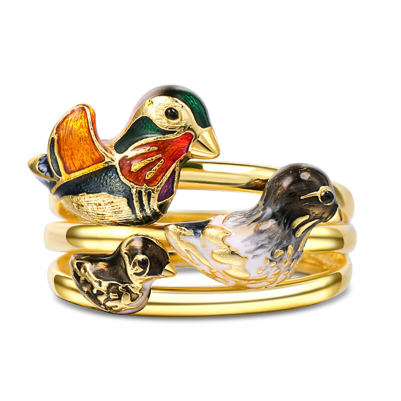Jeulia "Outing Together" Mandarin Duck Family Enamel Sterling Silver Ring