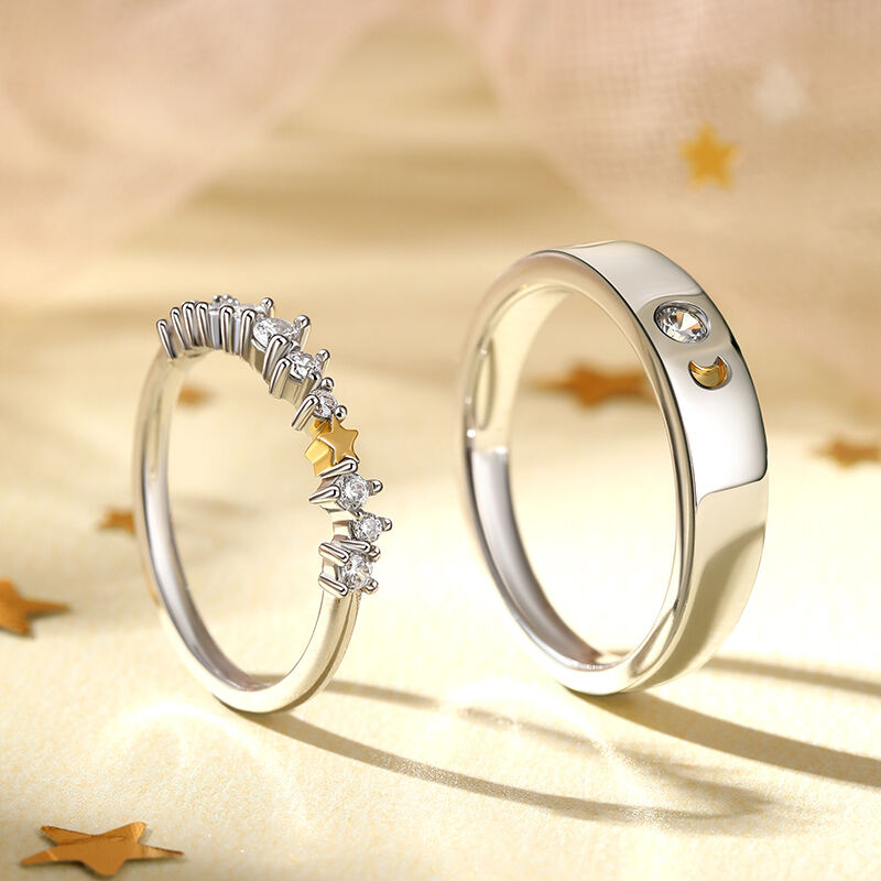 Jeulia "Always & Forever" Moon & Star Sterling Silver Couple Rings