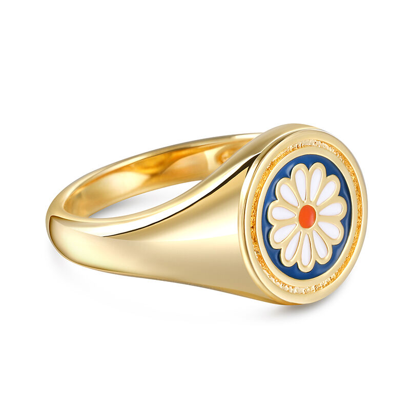 Jeulia Enamel Daisy Signet Sterling Silver Ring