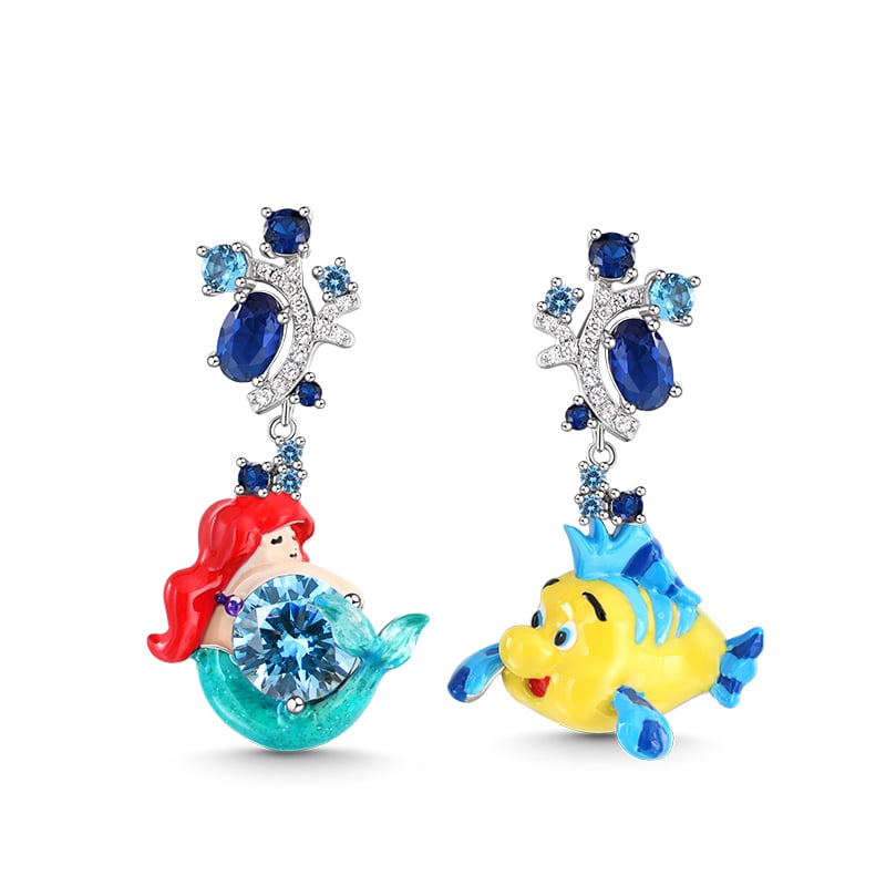 Jeulia "Sing for Love" Red Hair Mermaid and Fish Enamel Sterling Silver Earrings