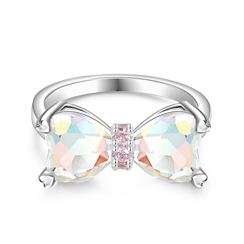 Jeulia Fashion Clear Glass Heart Bowknot Ring Sterling Silver